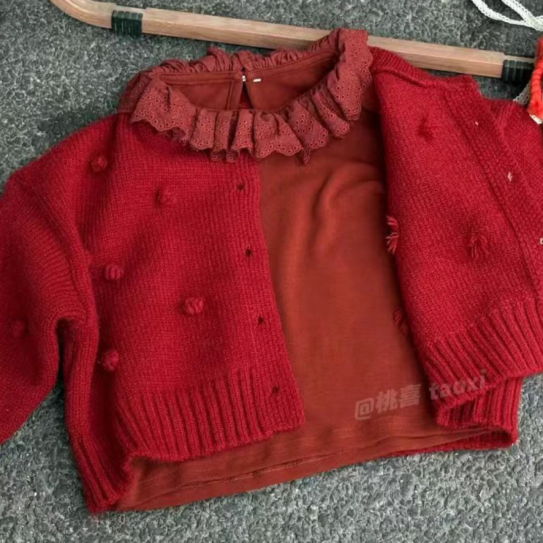 桃喜25秋 女童红色刺绣娃娃领打底衫5166