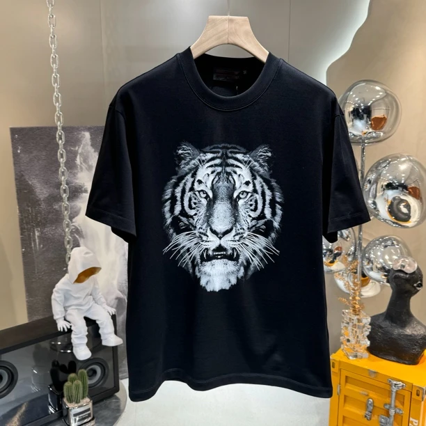 高品质潮牌男士圆领短袖套头立体老虎头图案重磅美式百搭上衣男生