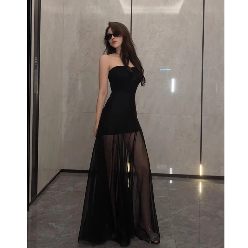 气质夏季新款辣妹法式设计网纱抹胸连衣裙拼接高级显瘦修身长裙子