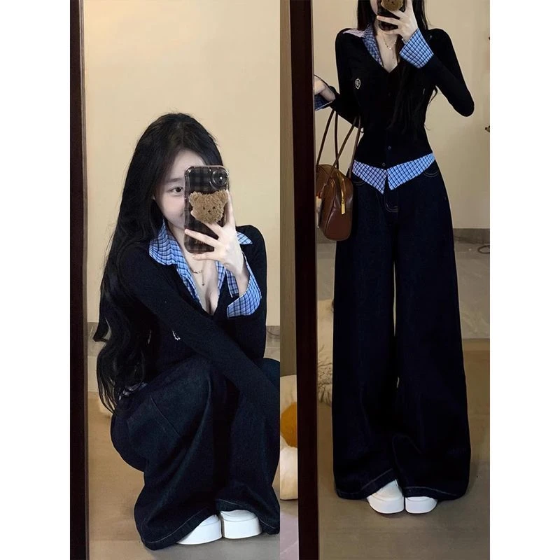 独特漂亮miu系高知格子polo领假两件针织衬衫深蓝色牛仔裤套装女