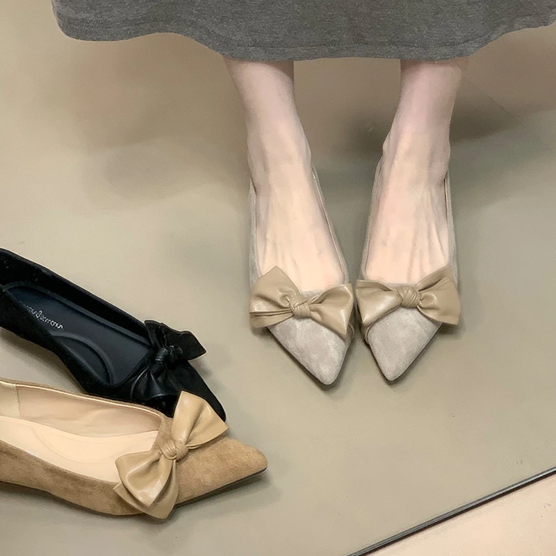 尖头绒面低跟气质单鞋蝴蝶结2025秋季新款百搭通勤鞋