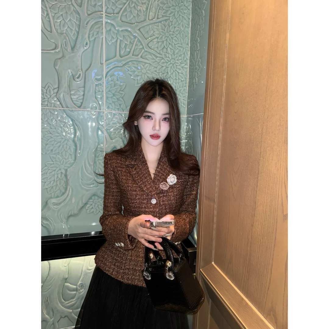 【榛果拿铁】氛围瘦收腰夹棉气质小香风上衣+大摆纱裙TT1138套装