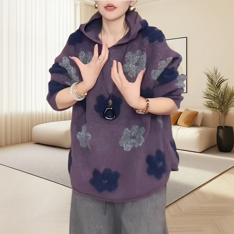 欧货大码立领花朵连帽针织衫高档洋气减龄紫色毛衣外套慵懒风上衣