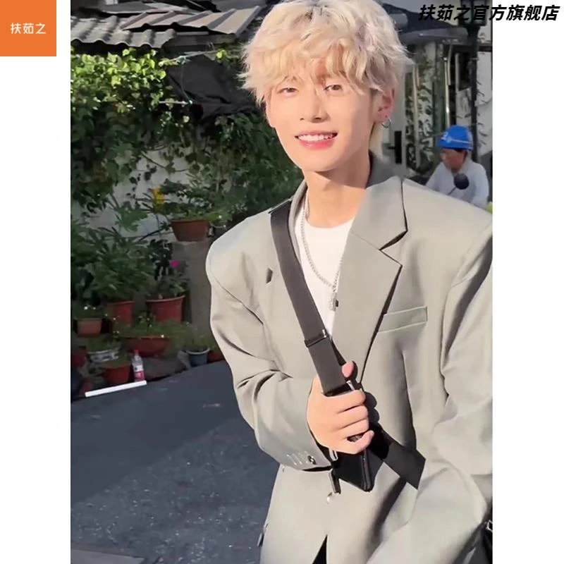 痞帅灰色西装外套男潮牌高级感那不勒斯oversize垫肩休闲西服夹克