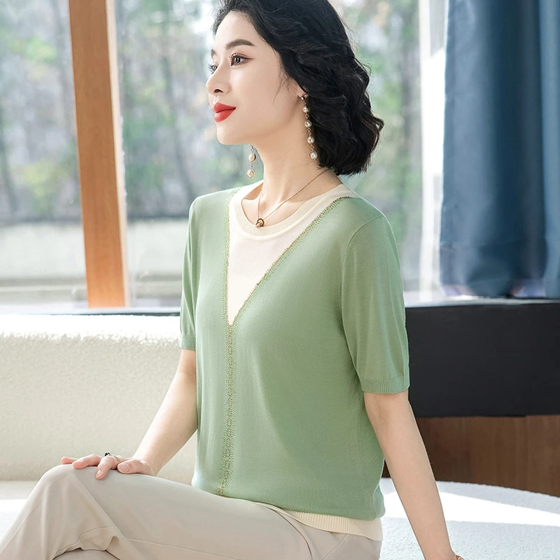 妈妈夏装短袖洋气款高贵小衫中老年女装夏季上衣冰丝半袖t恤薄款