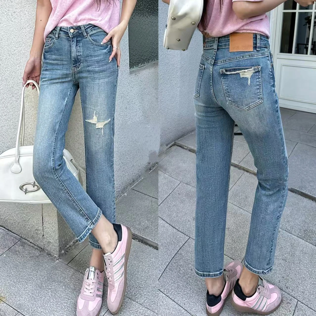 【郁儿严选】春季新款2025新款百搭复古水洗破洞牛仔烟管裤
