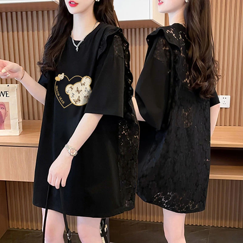 蕾丝镂空胖mm大码纯棉显瘦夏季短袖T恤女2025新款韩版中长款上衣