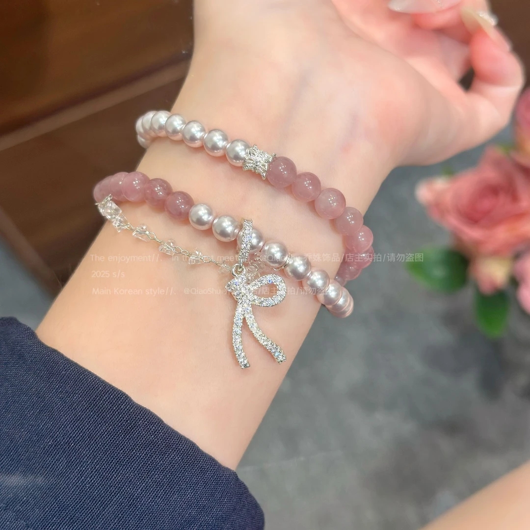 铜合金仿珍珠手链 B105 新中式珠珠蝴蝶结双圈手链少女心精致手串