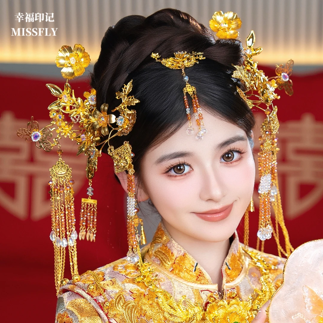 金色步摇额饰发簪新娘头饰新中式秀禾旗袍龙凤褂汉服发饰简约气质