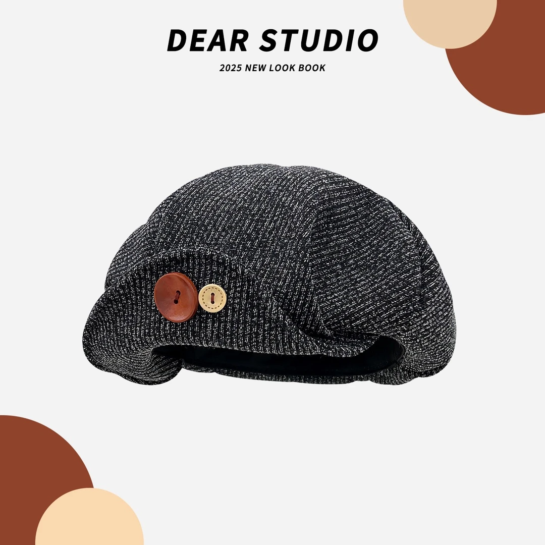 日系复古文艺纽扣翻檐贝雷帽子女秋冬保暖百搭气质画家帽潮显脸小