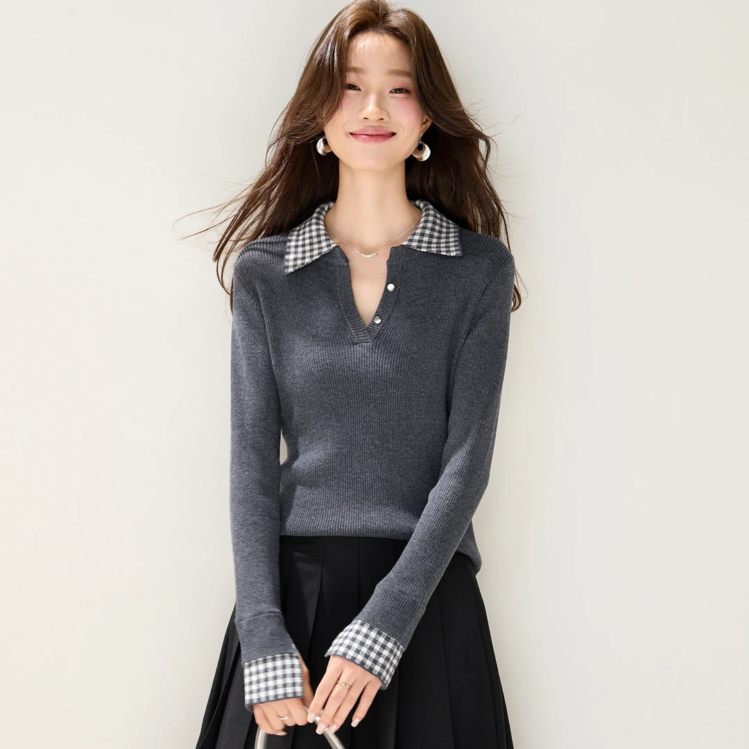 哥弟阿玛施正品秋冬新款时尚格纹衬衫领拼接时尚毛衣百搭短款上衣