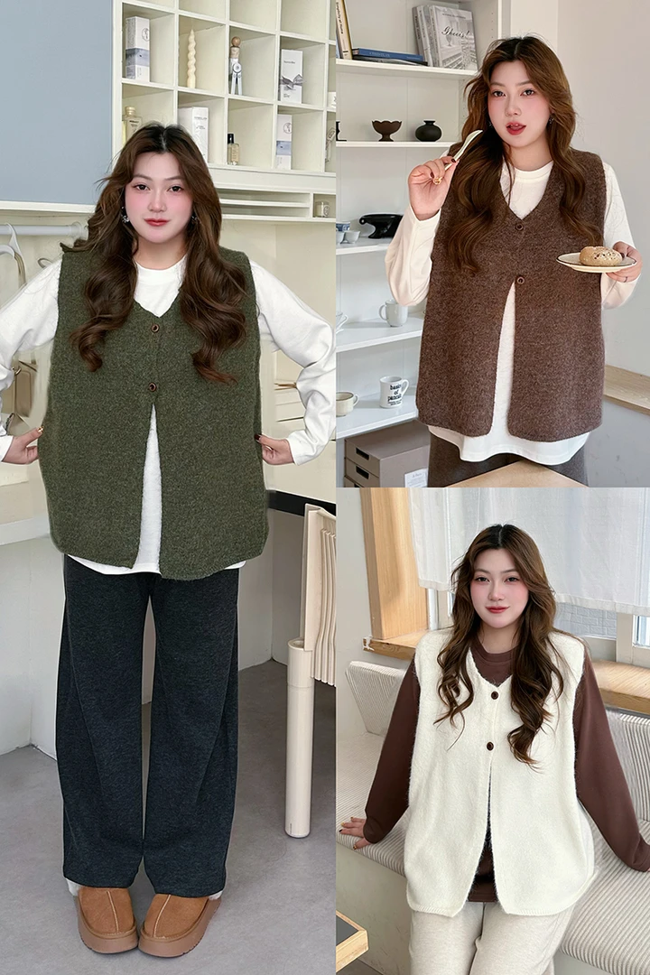 【鱼白专属】大码慵懒风洋气宽松绿色针织马甲白色内搭两件套8067