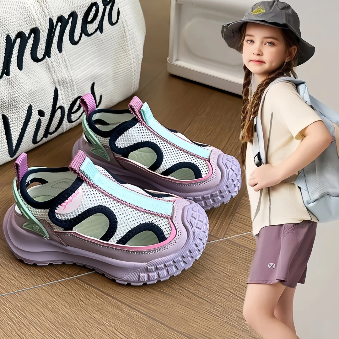 ABC女童运动凉鞋2025夏季新款包头镂空网面鞋透气软底男童休闲鞋