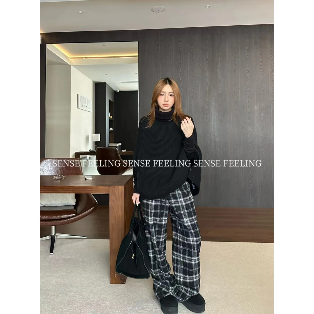 【格调～】韩版！黑色加绒格子休闲阔腿休闲裤（FE2910#）FEELING