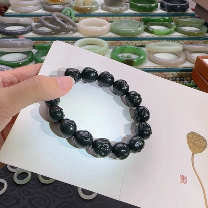 未镶嵌手串和田玉沙枣青佛头串
