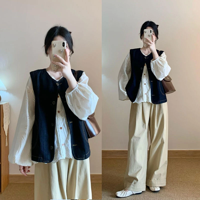 春装搭配一整套大码胖mm减龄穿搭日系衬衫马甲休闲裤叠穿三件套装