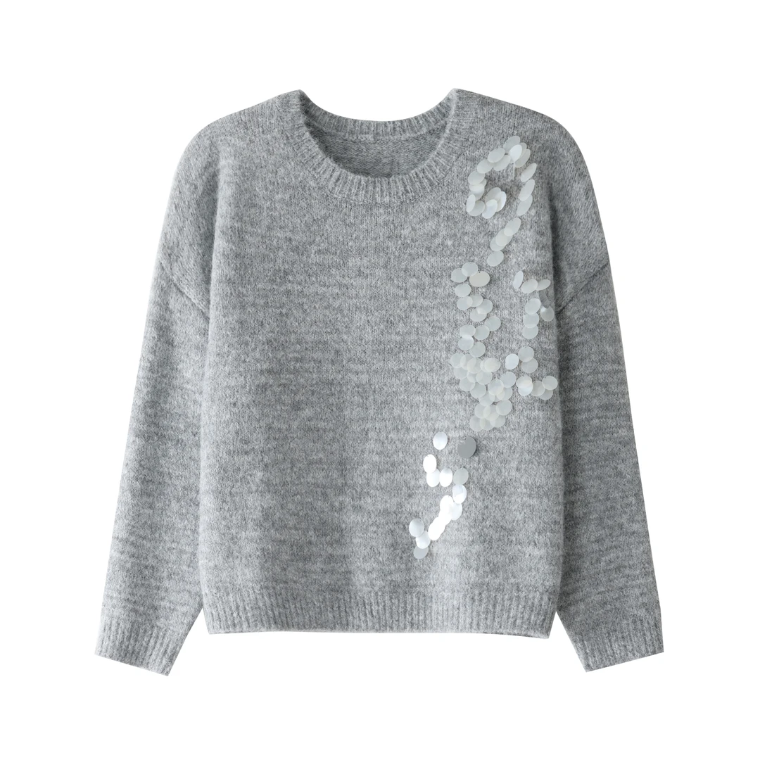 东大门韩版大气简约休闲亮片针织保暖秋冬灰色毛衣