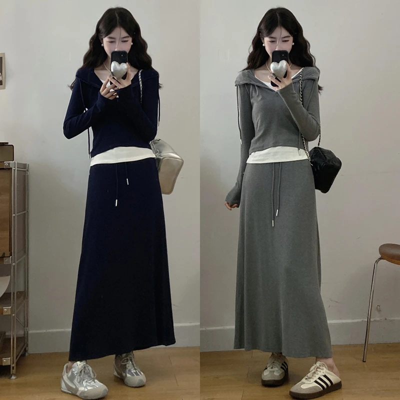 大码胖mm女装秋季新款休闲风慵懒风时尚连帽半身裙两件套装女