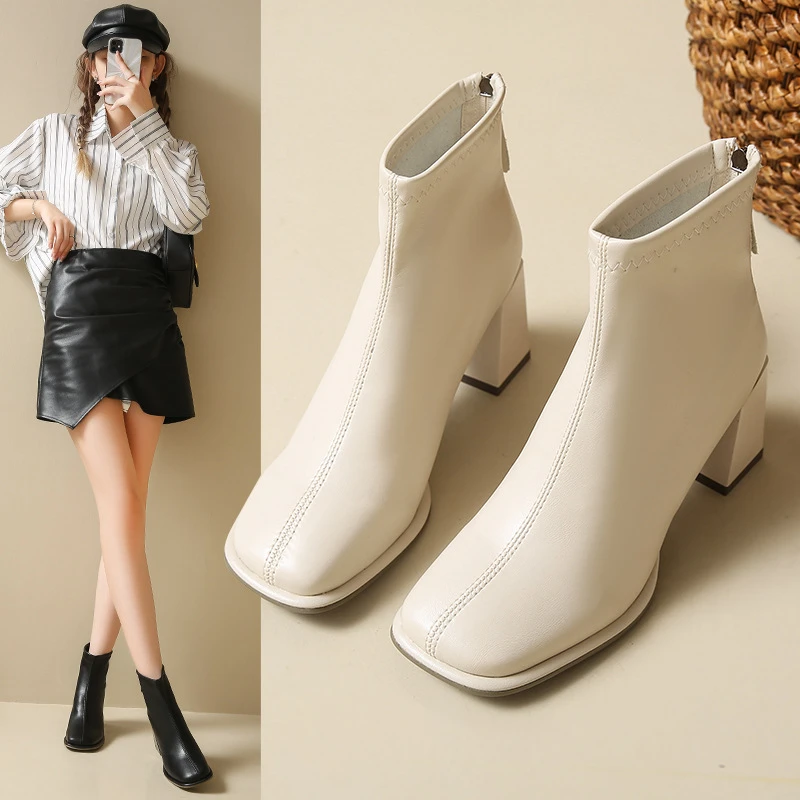法式高跟短靴女2025年秋冬新款白色法式单靴粗跟踝靴瘦瘦短筒靴子
