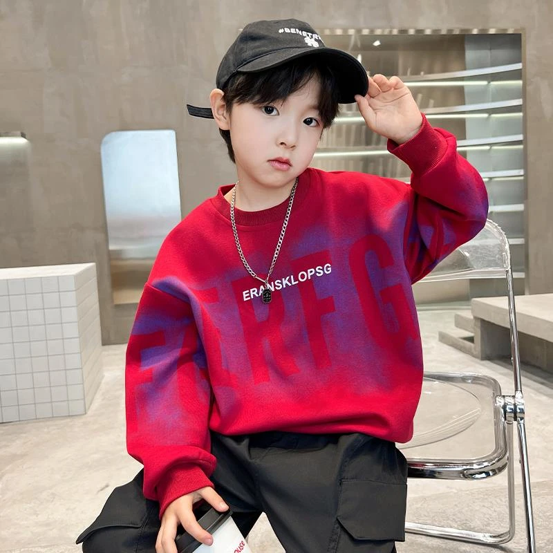 男童春装红色卫衣中大童春秋款2024新款儿童春季上衣打底衫洋气潮