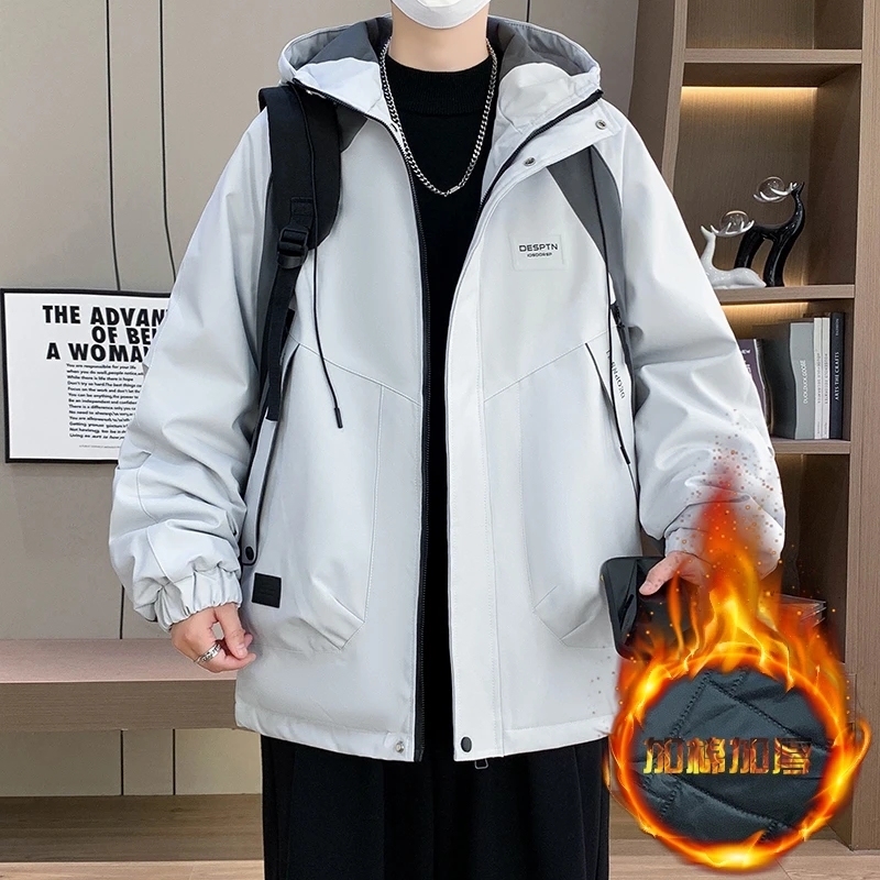 秋冬新款青少年潮流时尚连帽加棉加厚夹克韩版撞色保暖百搭夹克