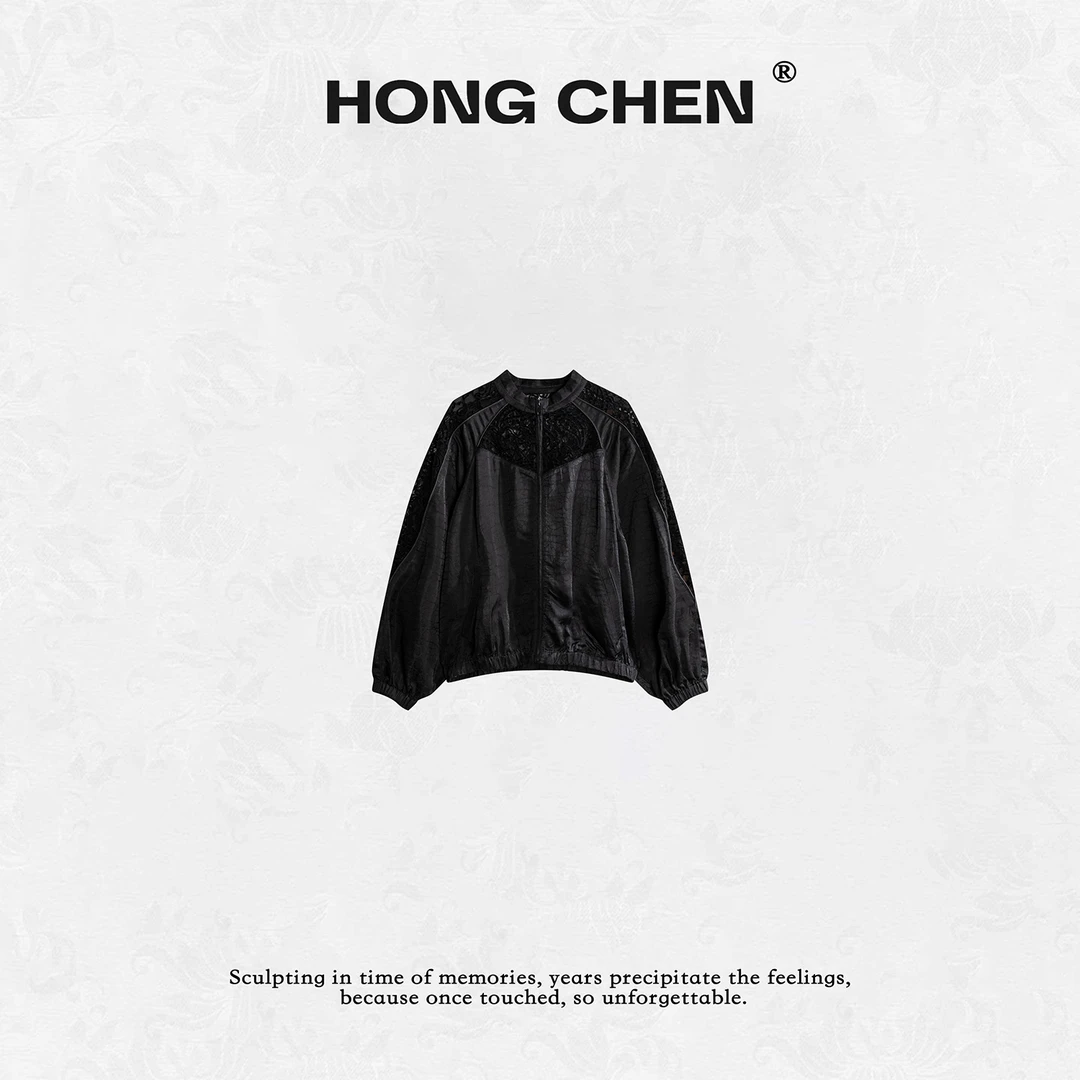 【虹辰】高端时尚龟裂纹拼接镂空蕾丝超美百搭高级感拉链衫--HC2130