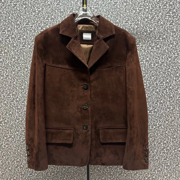 羊皮外套棕色正肩直身单排扣复古反绒皮衣