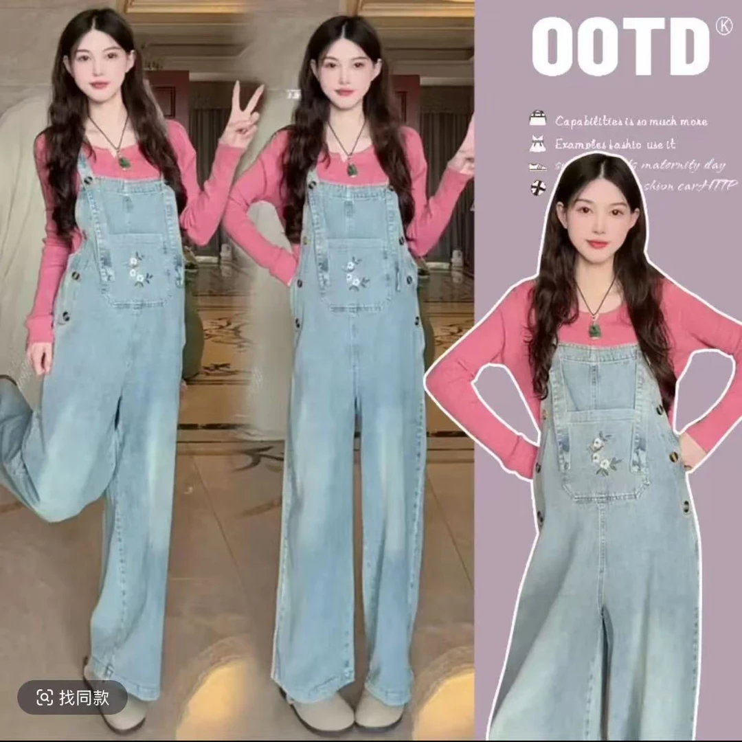 秋季新款孕妇牛仔背带裤时尚洋气减龄针织打底衫+牛仔背带裤套装