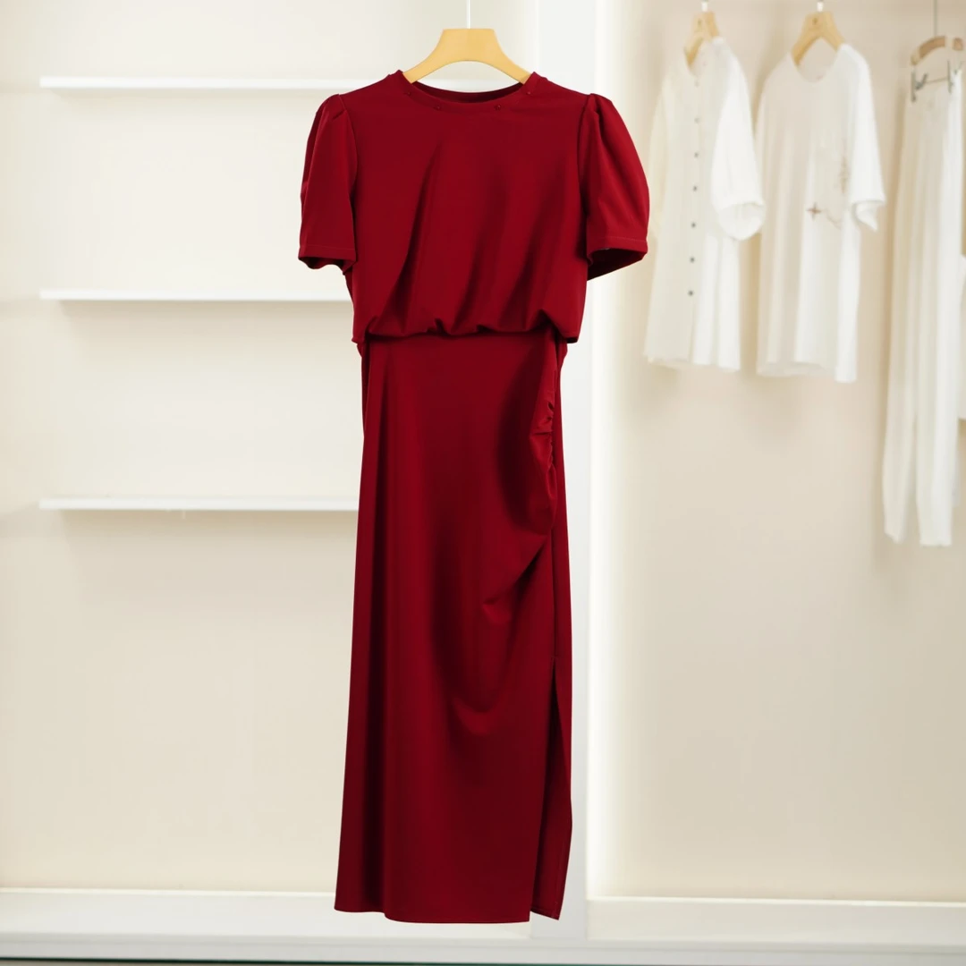 一路童行【睦】30513253 夏季简约气质复古红连衣裙品牌撤柜女装