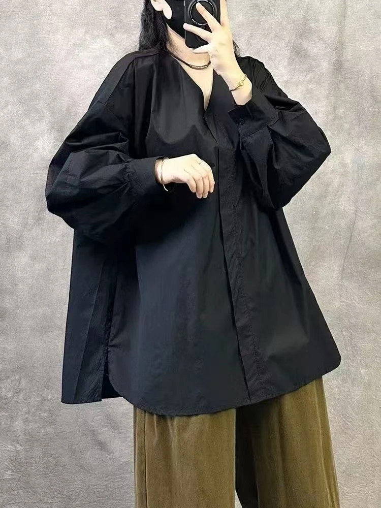 单排多扣时尚拼接纯色宽松长袖欧若智性风衬衫V领