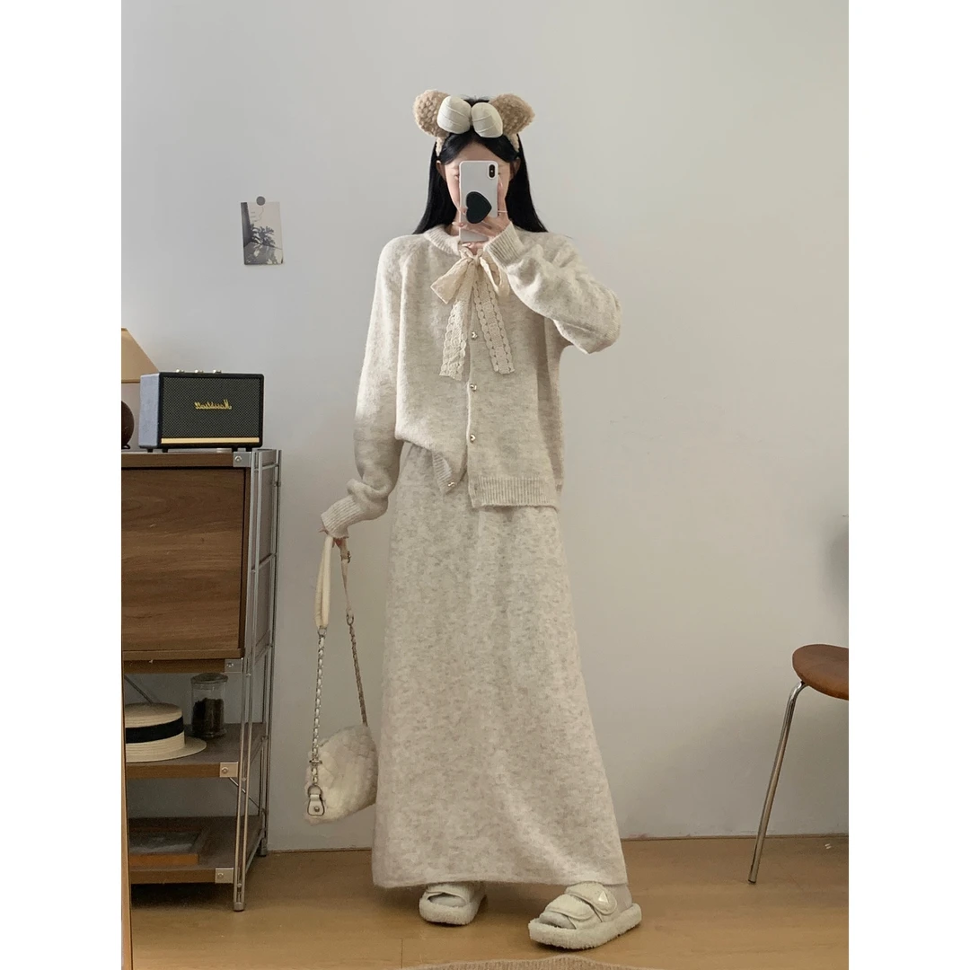 2025秋冬新款胖mm简约韩系风大码纯色针织套装高级感长袖开衫裙子