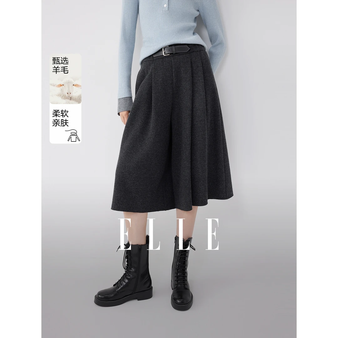 ELLE女装绵羊毛松紧腰裙裤2025秋季新款高腰显瘦七分裤子EK52577