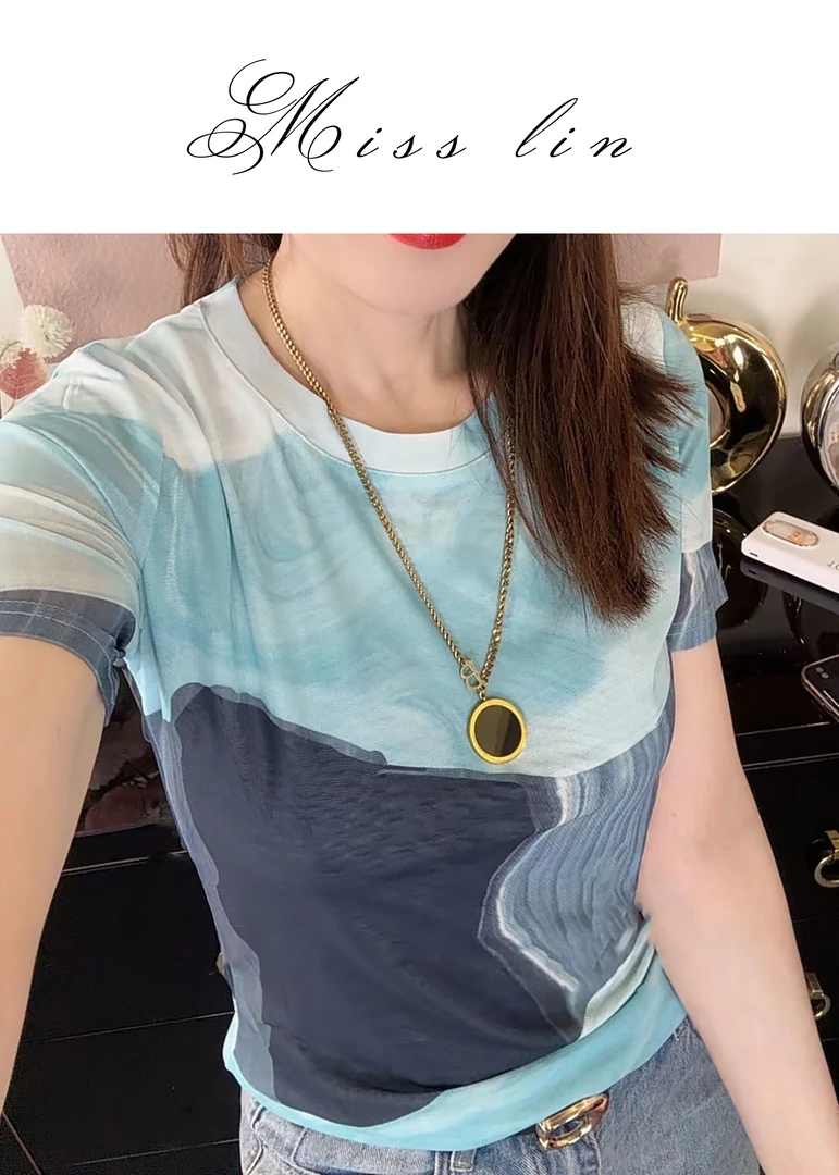 晕染圆领百搭印花时尚显瘦宽松个性拼色渐变短袖T恤休闲上衣D1516