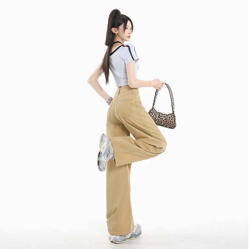 2025夏装清凉卡其色美式复古牛仔裤女年春季新款高腰宽松弯刀直筒