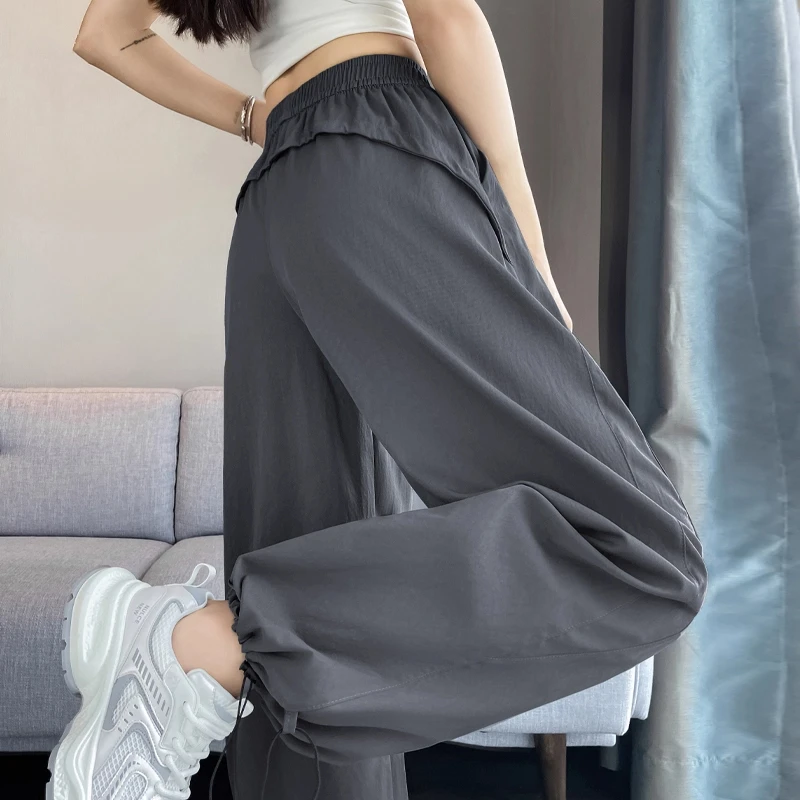 冰丝速干工装裤女夏季薄款2025新款高腰显瘦垂感束脚防晒运动裤子