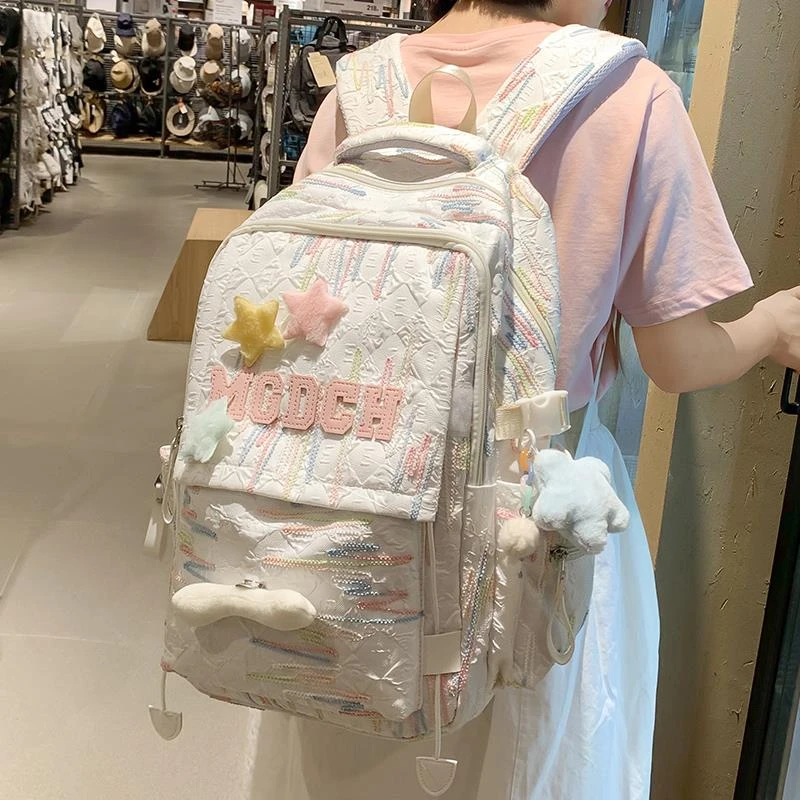 书包女生初中生小学生三到六年级大容量条纹背包高中大学生双肩包