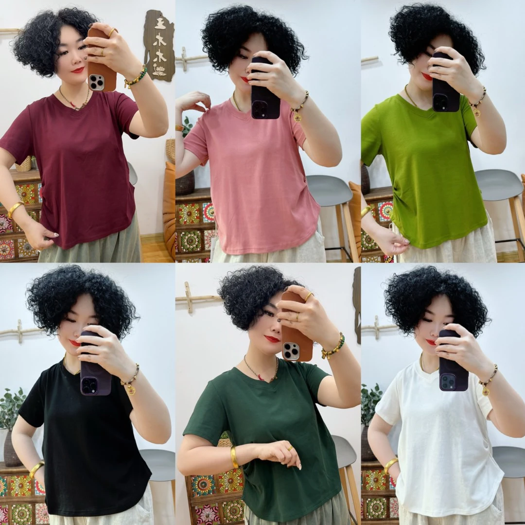 【木木新品】2079#V领褶皱T恤