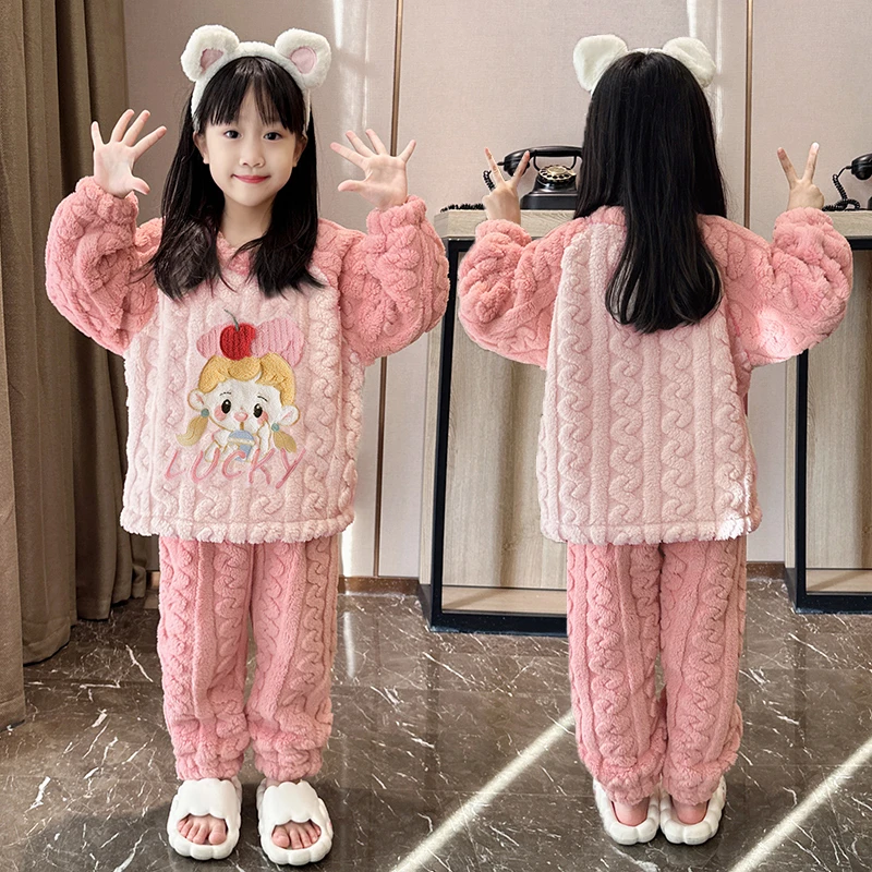 2025新款睡衣儿童套装法兰绒小女孩加绒圆领珊瑚绒女童卡通家居服