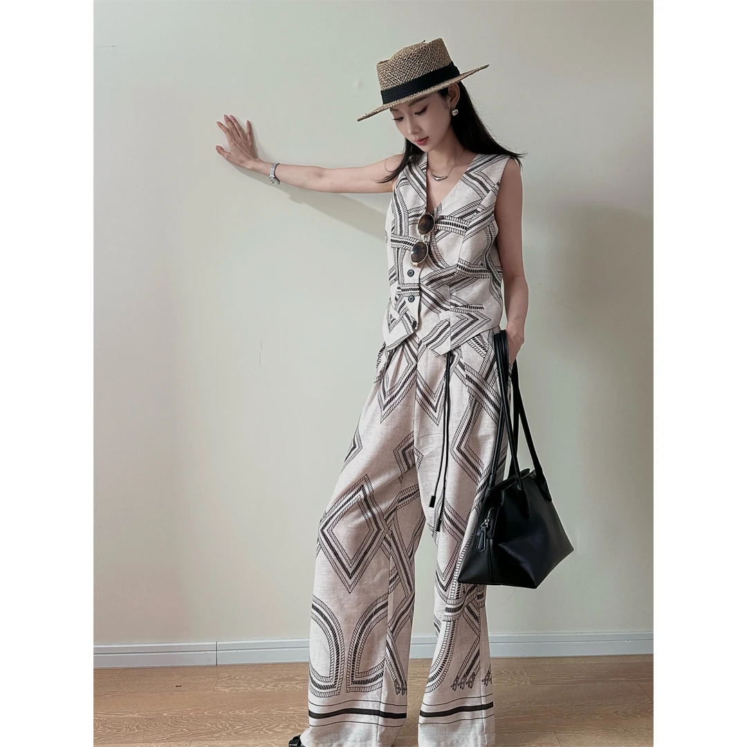 【莎姐原创】气质优雅时尚印花麻料套装 251477/251478/251473