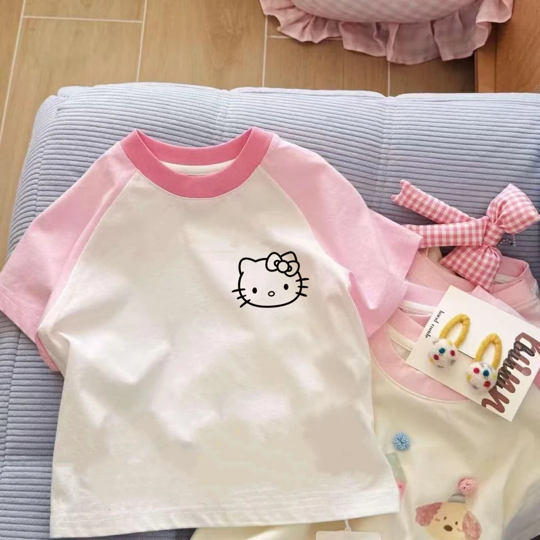 女童夏装纯棉短袖新款T恤2025卡通拼色儿童宝宝印花洋气上衣