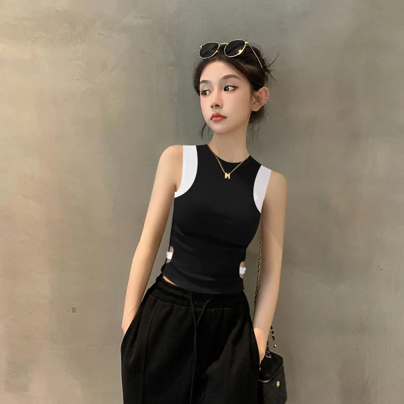 2025新款夏季黑色无袖背心吊带女拼接设计感小众针织薄款内搭上衣