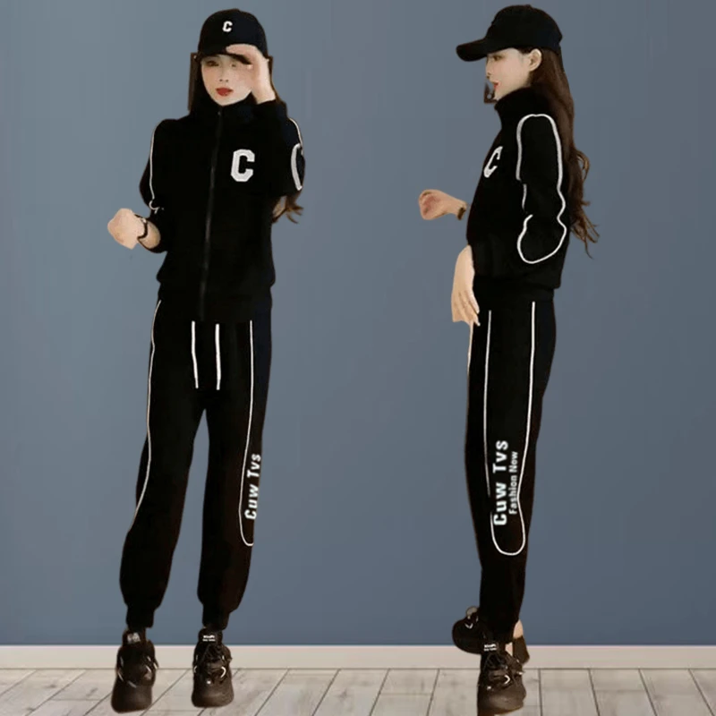 秋季2025新款时尚拉链卫衣束脚裤两件套女韩版时尚休闲运动套装女
