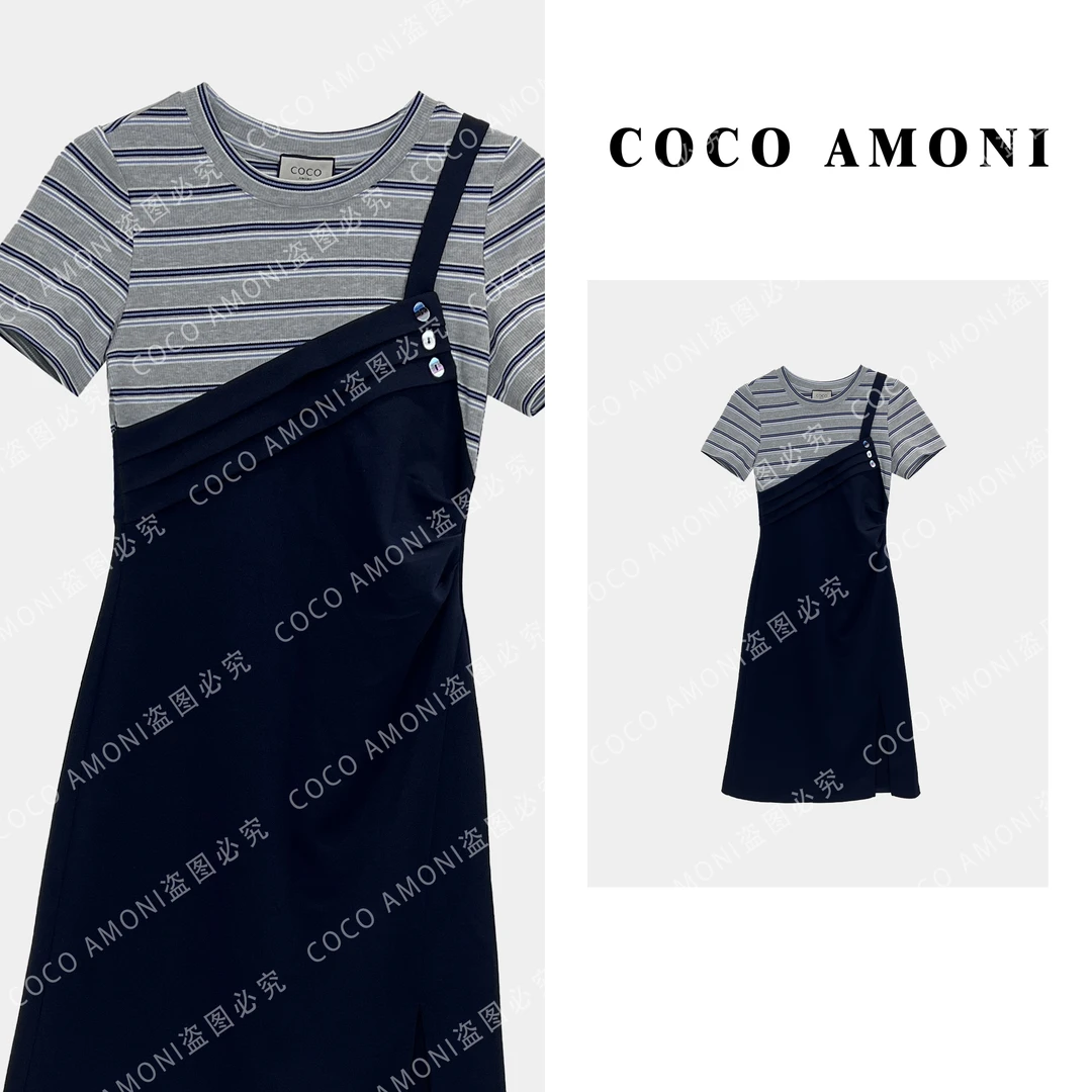 夏日时尚爆款单肩女装拼接假两件收腰显瘦气质连衣裙ZQ954