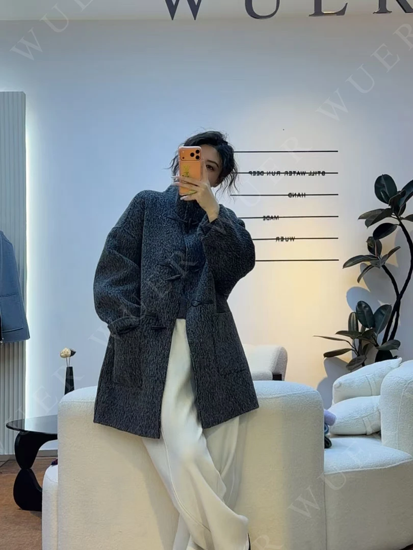 【五儿WUER】259158中长款舒适外套拼接长款女女装厚款长袖毛呢外套