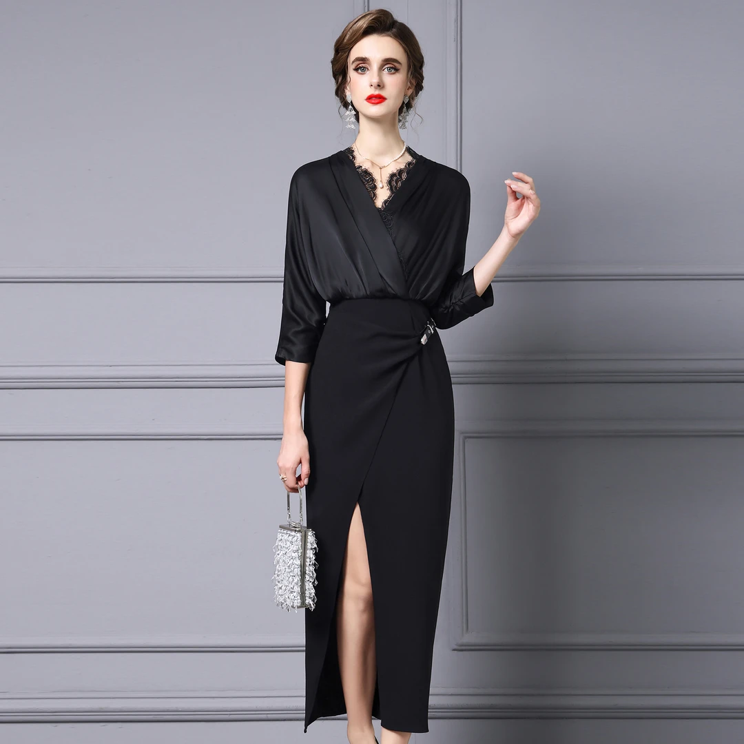 枝荔微胖巨好看的连衣裙女2025新款黑色蕾丝高个子收腰包臀长裙子