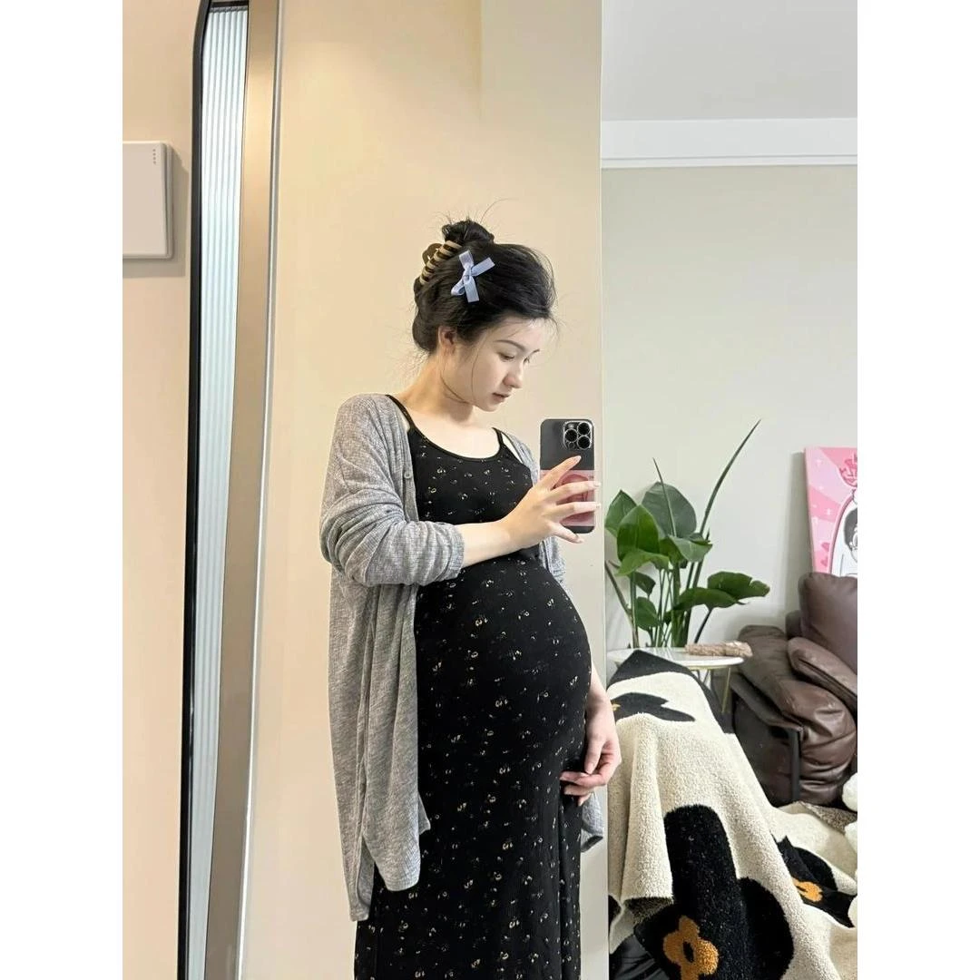 现货大码女装春夏孕妇连衣裙春秋新款度假风碎花吊带裙开衫洋气