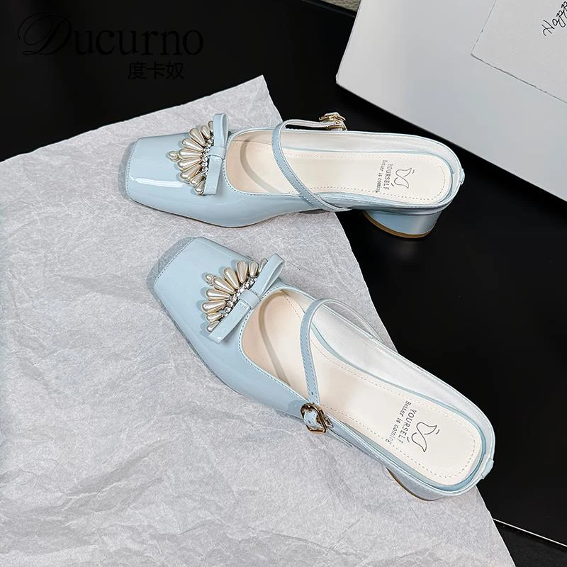 DUCURNO仙女风方头珍珠玛丽珍鞋女芭蕾风包头半拖鞋夏外穿穆勒鞋