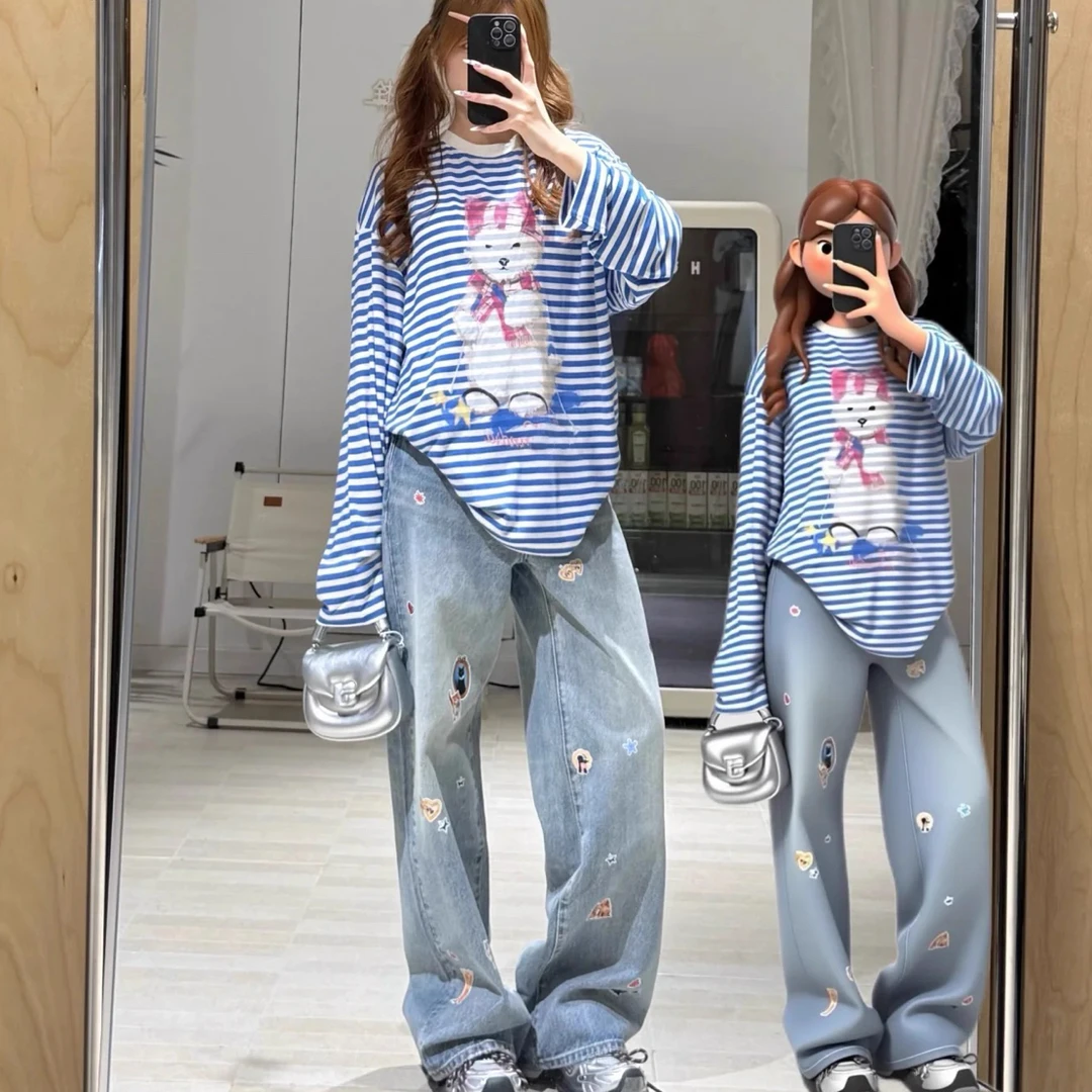 【lunan】滑雪小狗条纹宽松上衣