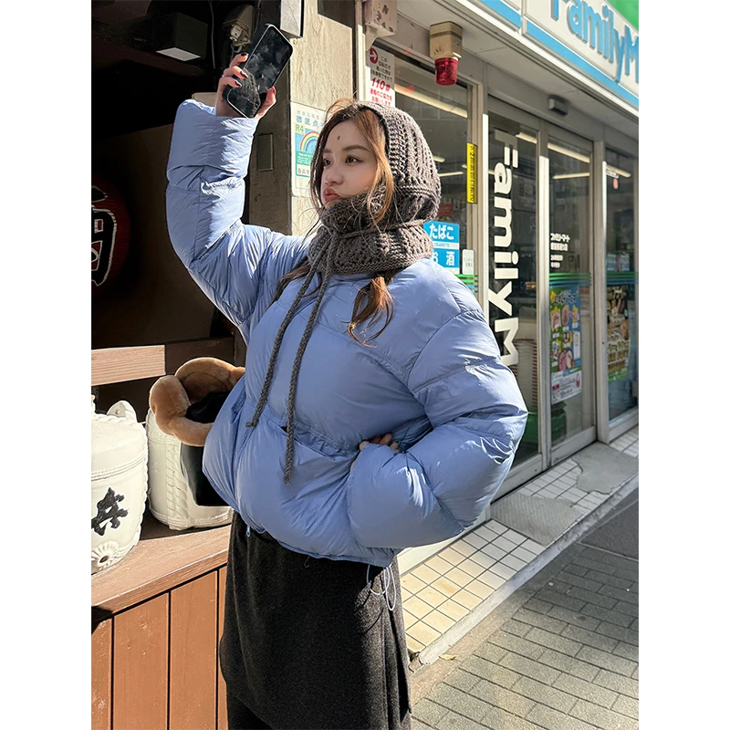 冬季新款韩系蓝色泡芙立领加厚棉服女时尚宽松保暖廓形面包服外套
