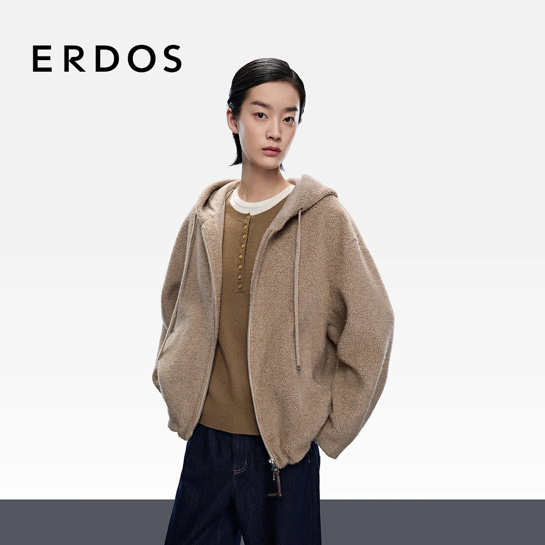 【精密针织】ERDOS 泰迪羊绒女外套25年秋冬新品蓬松保暖连帽上衣